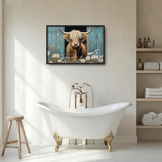 Large Farmhouse Highland Cow Country Wall Art for Living Room, Floral Canvas Oversized Wall Decor, Daisy Flower Animal Framed Pictures Painting Print Artwork for Bedroom Office 36"L x 24"W