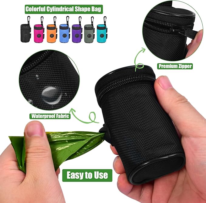Dog Poop Bag Holder for Leash Attachment - Waste Bag Dispenser for Leash - Fits Any Dog Leash - Portable Set with Hand Free Holder Metal Carrier, Round Shape, Purple