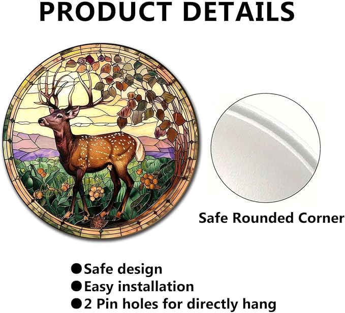 Lygond Metal Sign Tin Sign Circular Stained Glass Deer Metal Sign for Club 12×12 Inches