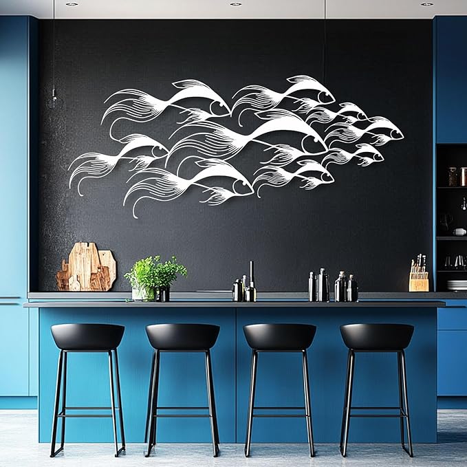 School of Fish Metal Wall Art, Metal Fish Wall Decor, Sea Life Wall Art, Large Nautical Wall Hanging, Modern Beach House Wall Decor, Ocean Themed Artwork for Bathroom (Gold, 35"x15" | 90x38cm)
