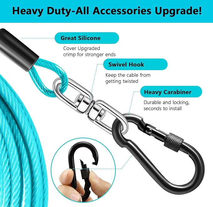 Dog Tie Out Cable 10FT-500Lbs,Heavy Duty Dog Leads&Tether for Yard with Swivel Hook,Small Large Dogs Leash Line for Outside,Rust Chew Proof Dogs Run Cable for Outdoor Camping(Teal, 10FT)