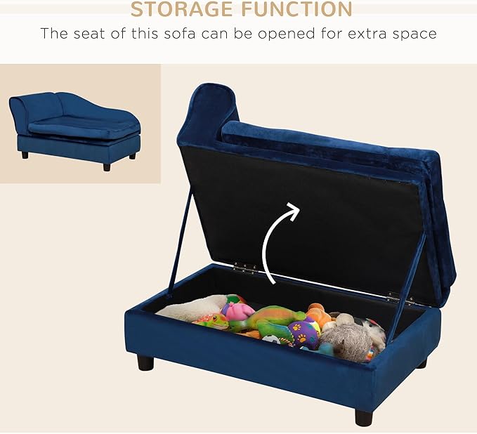 PawHut Luxury Fancy Dog Couch with Hidden Storage, Small Dog Sofa Bed with 2" Soft Foam, Modern Pet Furniture for Puppies & Little Breeds, Blue