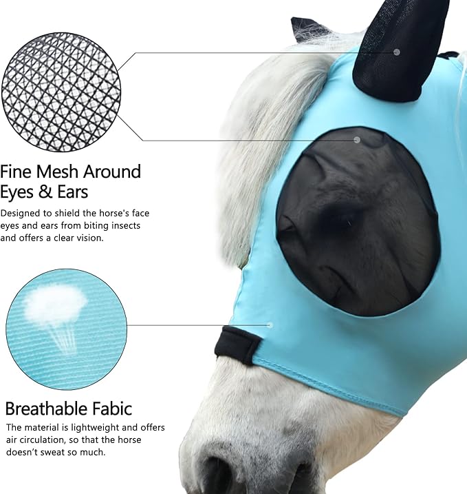 Horse Fly Mask with Ears - Large Eye Space for Full Vision, Breathable Stretch Comfort Fit, UV Protection, Forelock Opening, Easy Pull-On Paleblue Cob