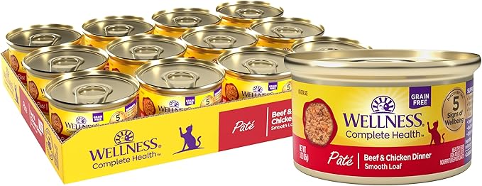 Wellness Complete Health Pate Adult Wet Cat Food, Natural, Protein-Rich, Grain Free, 3 Ounce, 24 Pack, (Beef & Chicken)