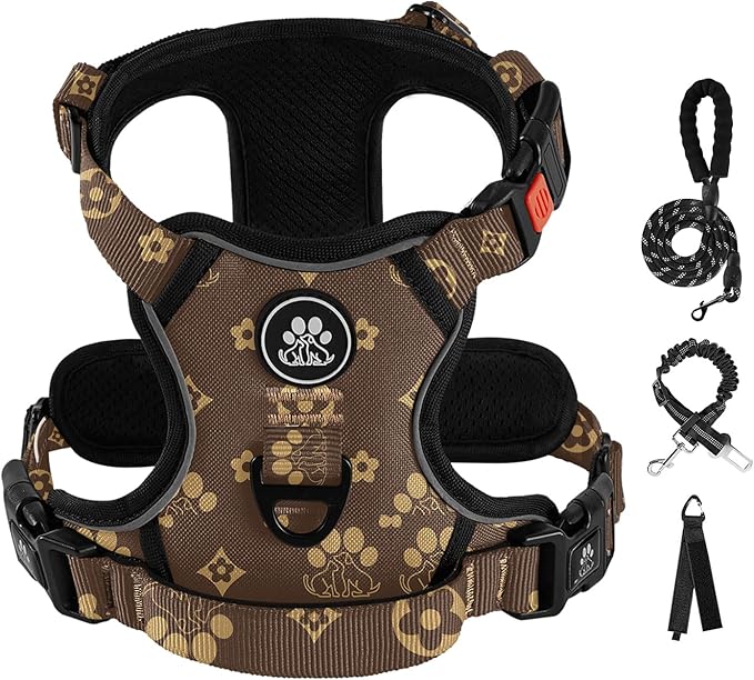 IVY&LANE No Pull Dog Harness with Leash Set, Reflective No Choke Pet Vest,Adjustable Oxford Dog Vest Harness with Easy Control Handle for Medium Dogs (Dark Brown,M)