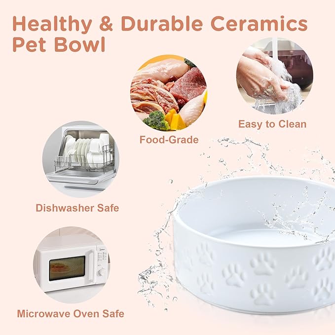 SPUNKYJUNKY Elevated Dog Bowls Ceramic, 8.3'' Dogs Food Water Bowls Raised with Non-Slip Bamboo Stand for Large Sized Breed Microwave Dishwasher Safe - 60 OZ,Paw White