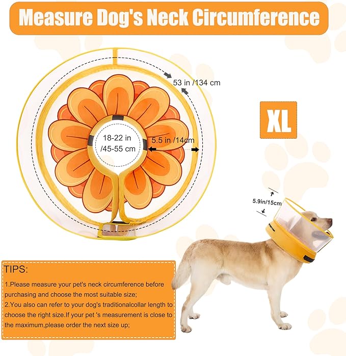 Inflatable Dog Cone Collar with Enhanced Anti-Licking, Soft Neck Donut for Dogs Cats, Recovery Pet Cone Collar After Surgery for Large Medium Small Dogs (Yellow Flower, X-Large)