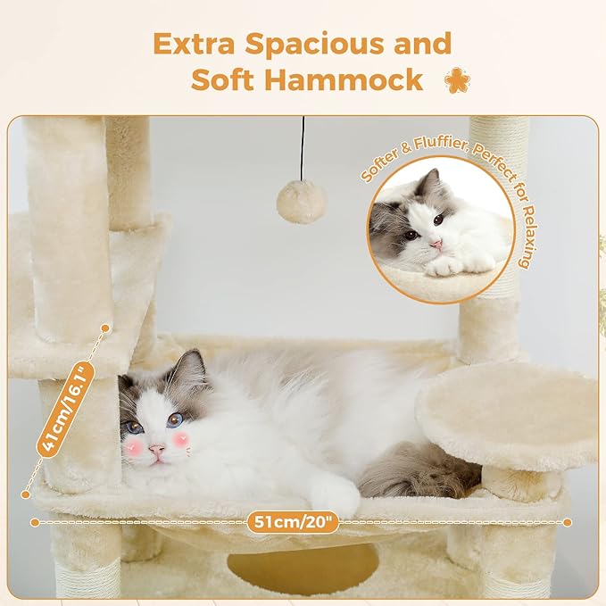PAWZ Road Large Cat Tree, 72 Inches Cat Tower for Large Cats, Cat Condo with Sisal-Covered Scratching Posts and Pads, 2 Padded Perch, Dual Condo and Basket for Indoor Cats-Beige
