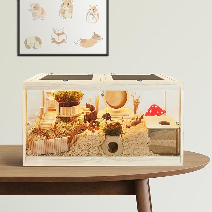 Prolee Hamster Cage with Openable Metal Mesh Top,Solid Built Hamster Enclosure with Lock Design for Gerbil Cage,Hamster Habitat Chewproof with Transparent Panels (24"x16"x16")