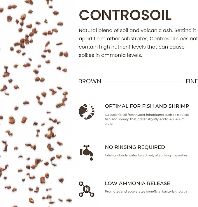 Ultum Nature Systems Controsoil - Freshwater Aqua Soil Substrate for Fish, Shrimp, Live Plant Propagation and Aquascaping - 6.8pH Low Ammonia, Volcanic Ash - Brown, Fine (1 Liter | 2LB)