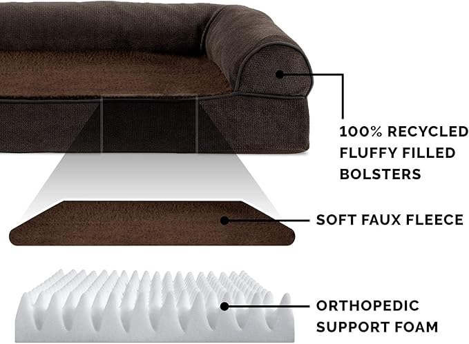 Furhaven Orthopedic Dog Bed for Large Dogs w/ Removable Bolsters & Washable Cover, For Dogs Up to 95 lbs - Sherpa & Chenille Sofa - Coffee, Jumbo/XL