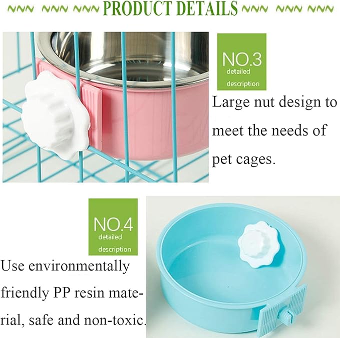 kathson Crate Dog Bowl, Removable Stainless Steel Hanging Pet Cage Bowl Food & Water Feeder Coop Cup for Cat, Puppy, Birds, Rats, Guinea Pigs 6pcs Large(2×Blue,2×Green,2×Pink)