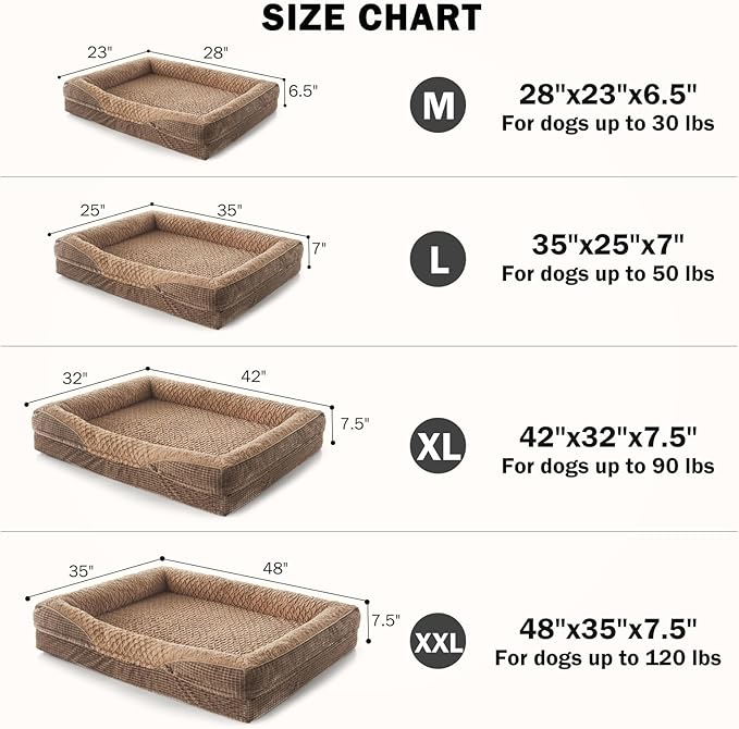 INVENHO Orthopedic Dog Beds Large Sized, XL Washable Egg-Crate Memory Foam Dog Couch with Washable Removable Cover, Waterproof Lining and Nonskid Bottom