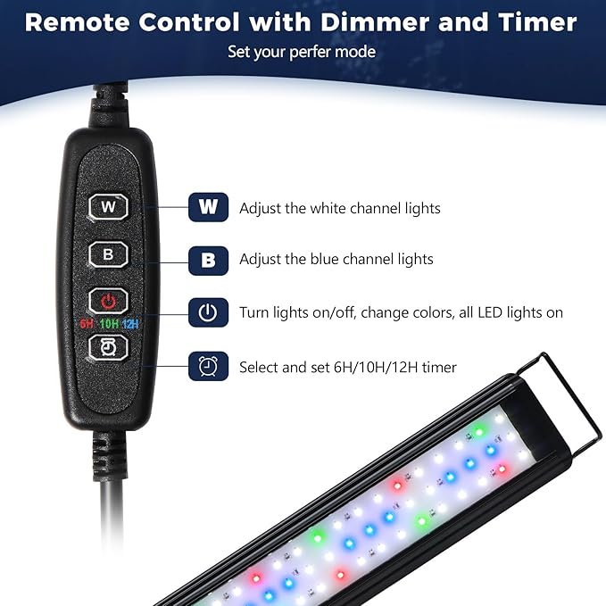 Tatub 16W LED Aquarium Light for 24"-30" Fish Tank, Full Spectrum Fish Tank Light with White Blue Red Green LEDs, 10 Levels of Brightness，Timer Auto On/Off