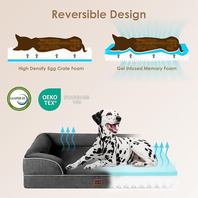 EHEYCIGA Orthopedic Dog Beds for Large Dogs, Waterproof Memory Foam Large Pet Bed with Sides, Non-Slip Bottom and Egg-Crate Foam Dog Couch Bed with Washable Removable Cover, Dark Grey