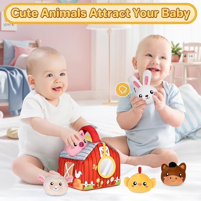 Baby Toys 0-12 Months, Plush Toy Set- 4 Sensory Soft Toys with Crinkle, Rattles for 0-3-6-9-12 Month Newborn Infant, 1st Birthday for Babies Boys Girls Age 1+ (Barn with Farm Animals)