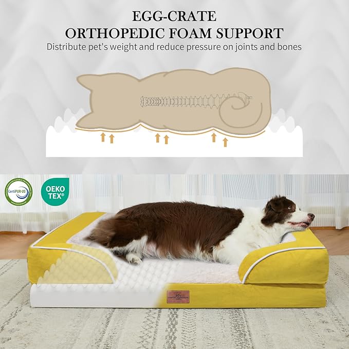 Comfort Expression Large Dog Beds Waterproof Orthopedic Foam Dog Sofa Beds Comfy Pet Bed with Washable Removable Cover & Non-Slip Bottom(Large,Spicy Mustard)