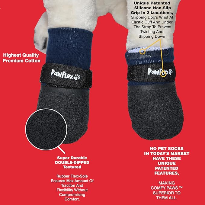 Double Dipped Thick Textured Waterproof Cotton Dog Socks | PawFlex Comfy Pawz Soft Indoor/Outdoor Pet Booties | Non-Slip Silicone Grip at Inner Wrist for No Twisting or Sliding Off| Adjustable Strap
