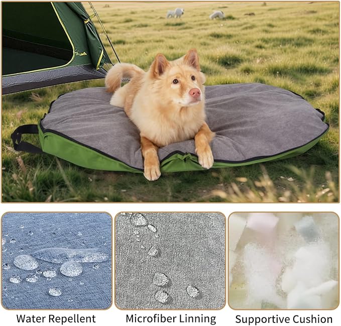 Portable Waterproof Dog Mat for Camping, Patio & Travel - Foldable Outdoor Dog Bed with Teflon Shell & Removable Plush Pad - Easy Clean, Durable - L (Denime Blue)