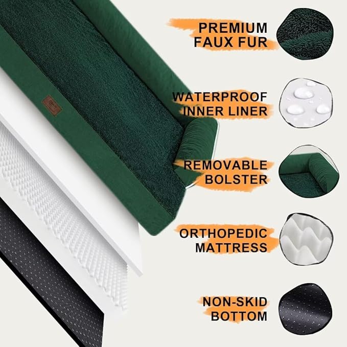 Large Dog Bed Orthopedic Washable - Waterproof Removable Cover - Medium XLarge Big Dogs - Egg Foam Couch - Emerald Dog Beds Bolster with Sides