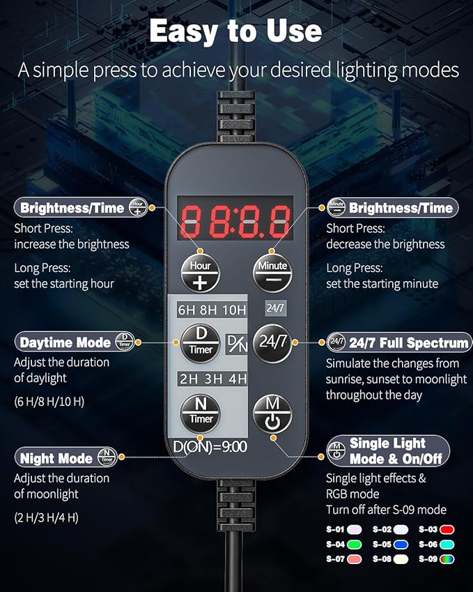 Pawfly 20W 24/7 Aquarium LED Light for 18" to 24" Tanks Extendable Fish Tank Light with Full Spectrum White Blue Red Green Lights with D/N Mode Single Color Effects Timer and Adjustable Brightness