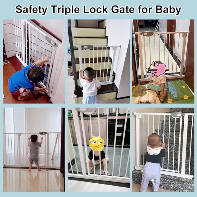 WAOWAO Triple Lock Baby Gate Extra Wide 44.48-48.42" Pressure Mounted Walk Through Swing Auto Close Safety Black Metal Dog Pet Puppy for Stairs,Doorways,Kitchen