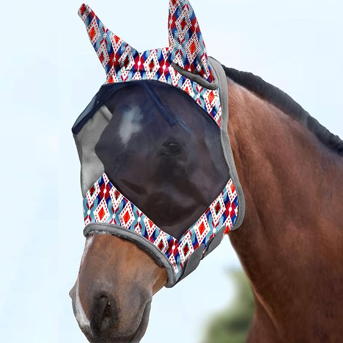 Harrison Howard LumiVista Horse Fly Mask Standard with Ears UV Protection for Horse Tribal Rhombus M Cob
