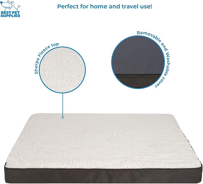 Best Pet Supplies Cute Dog Crate Mat Flat Bed with Waterproof Exterior, Thick Orthopedic Egg Foam Mattress, and Soft Sherpa Fleece Cover for Small, Medium, and Large Breeds - Brown, 35X22X4