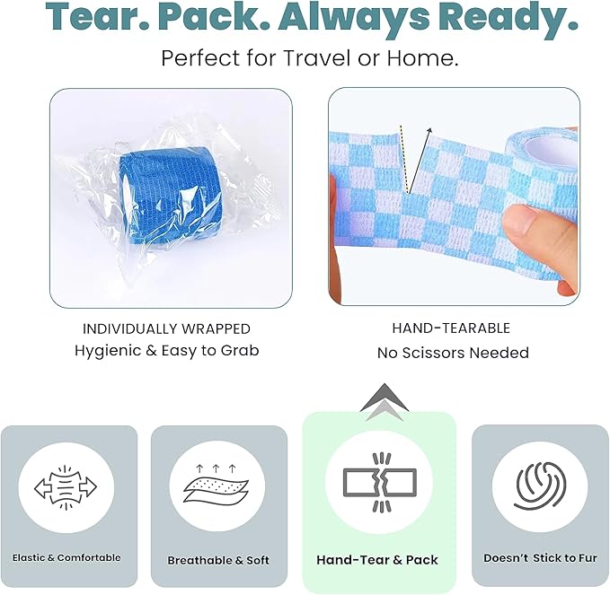 Pet Bandage 6 Rolls, Adhesive Bandage, Self Adhesive Bandage, First Aid Adhesive Gauze, for Horses, Dogs,Cats, Birds, Animals (Paw Prints, 2 Inch (Pack of 6))