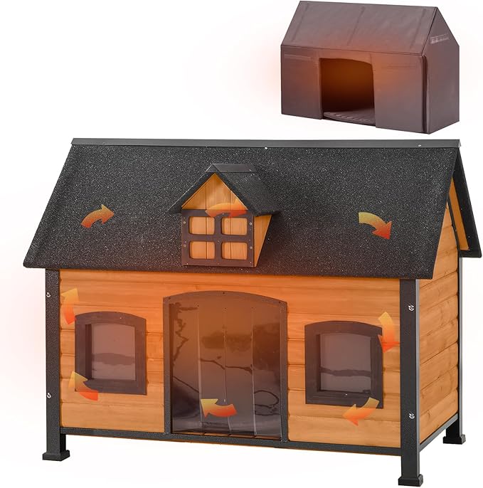 Aivituvin Dog House with Insulated Liner Anti-Chewing Metal Frame Design Insulated Wooden Dog Kennel with Unique Design Roof, Weatherproof Dog House for Outdoor Indoor