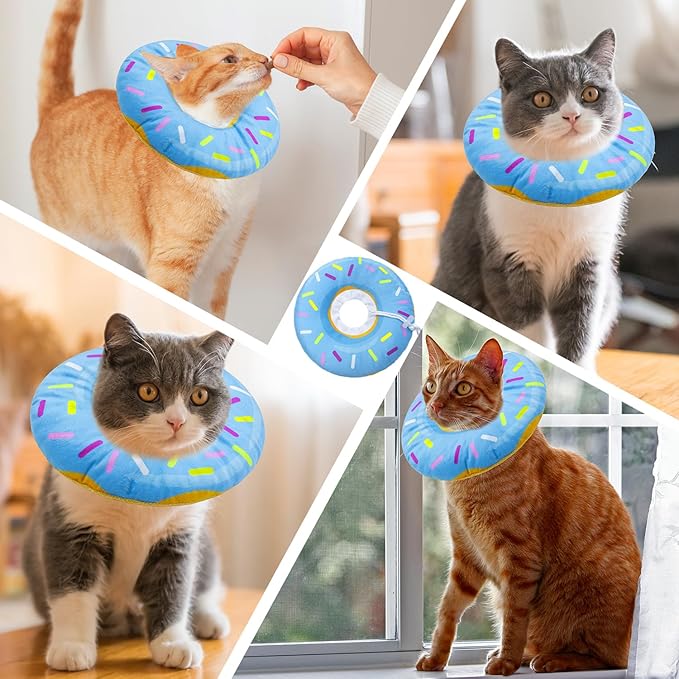 Cat Cone Collar Soft, Adjustable Cat Recovery Collar Spay Cones to Stop Licking, Cute Donut E Collar After Surgery, Anti-Lick Wound Healing Elizabethan Collars for Kittens(Donut Blue, Small)