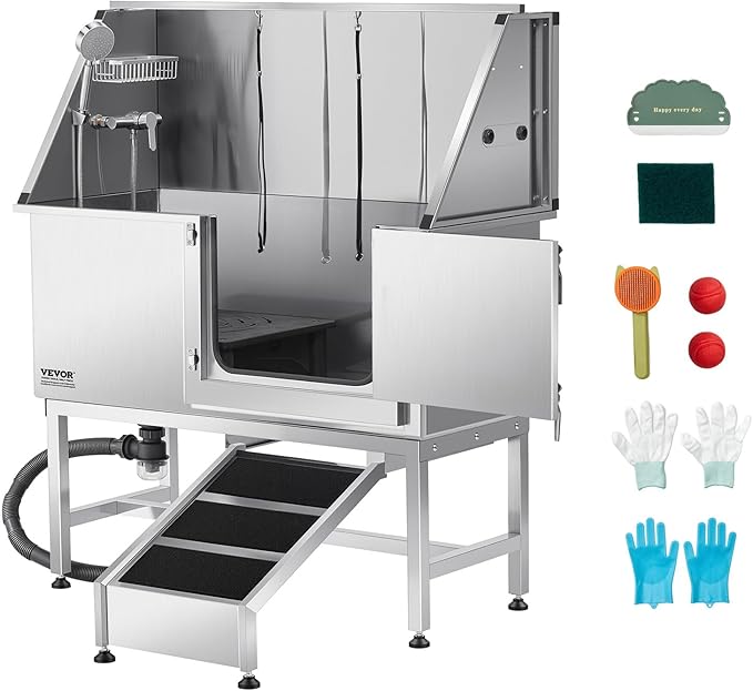 VEVOR Stainless Steel Dog Washing Station, 50 inch Pet Grooming Tub w/Ramp, PE Water Filter Board, Faucet & Showerhead & Soap Holder Dog Bathtub for Large & Medium & Small Pets (Right Door)