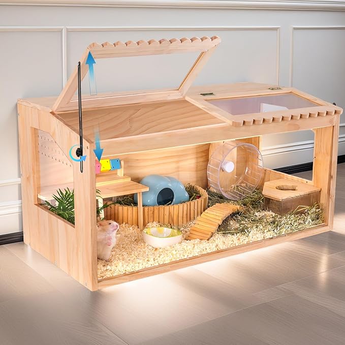 Wooden Hamster Cages and Habitats, 48"x20"x20" Guinea Pig Cage, Small Animal Cage for Dwarf Syrian Hamsters Degus Mice & Other Small Pets. Big Hamster Habitat with 2 Adjustable skylights.