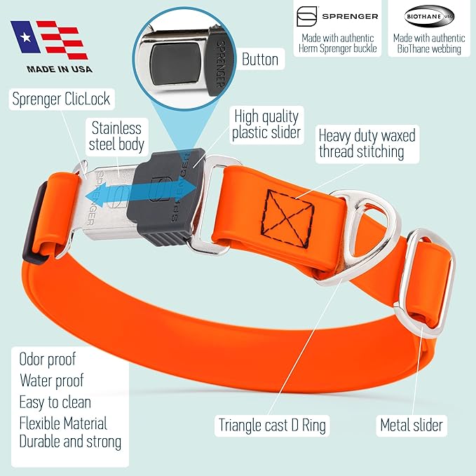 Dogline Biothane Waterproof Dog Collar with Herm Sprenger Black Stainless Steel Quick Release Buckle – Heavy Duty Tactical Durable Collar for Dogs – Comfortable and Safe Pet Collar, W 3/4" L 12-19"