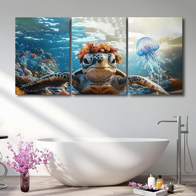 Wivsev Sea Turtle Canvas Wall Art,Under Sea Wall Art,Sea Life Pictures Wall Decor,Ocean Animal Painting for Bathroom,Living Room,Bedroom (24" x 36" x 3 pcs)