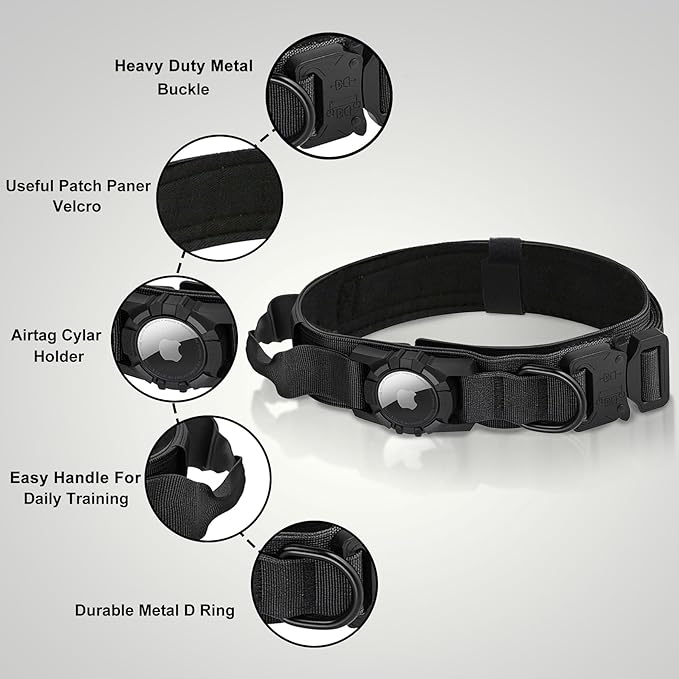 Tactical AirTag Dog Collar Leash Set - Heavy Duty, Adjustable GPS Collar Compatible with Apple AirTag, with Holder & Control Handle for Medium/Large Dogs [ Black, L ]