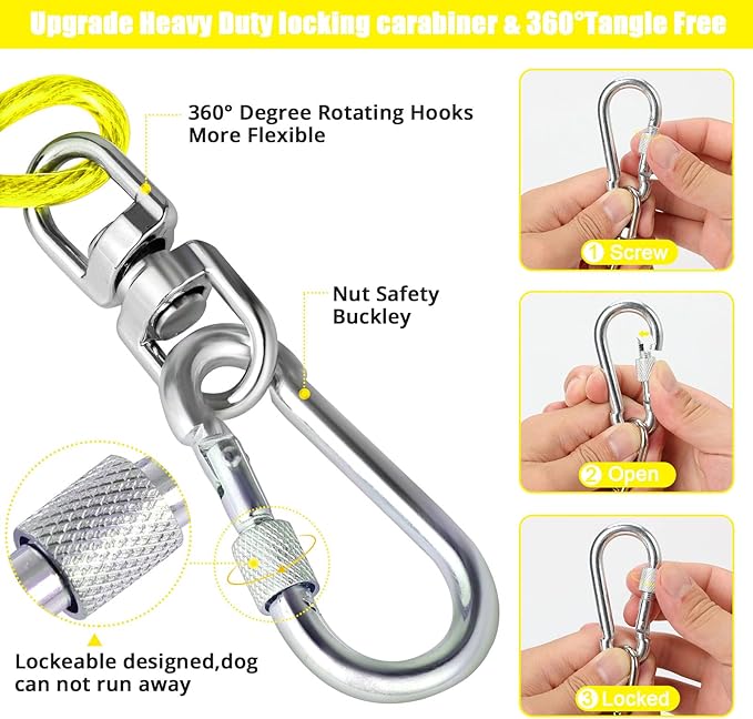 Jenico Dog Tie Out Cable, 10/15/20/30/40/50/70/100/150FT Runner Cable with Swivel Hook and Shock Spring, Yard and Camping Dog Leash Run Tether, Small to Medium Pets Up to 500 LBS