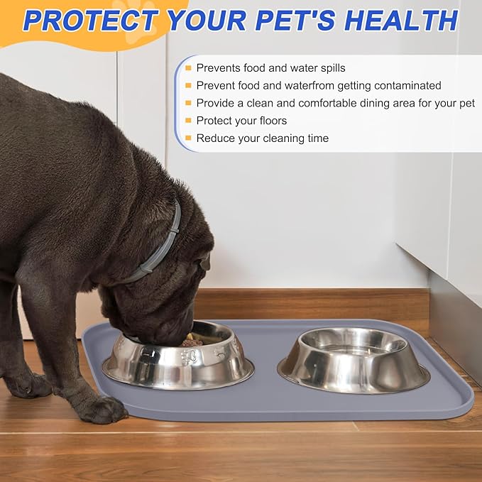 Silicone Pet Feeding Mat with Raised Edge for Food and Water, Dog Bowl Mats, Cat Bowls Placemat with High Lip for Floor Waterproof, Rubber Tray for Cats and Dogs 22 x 14 x0.8 Light Gray