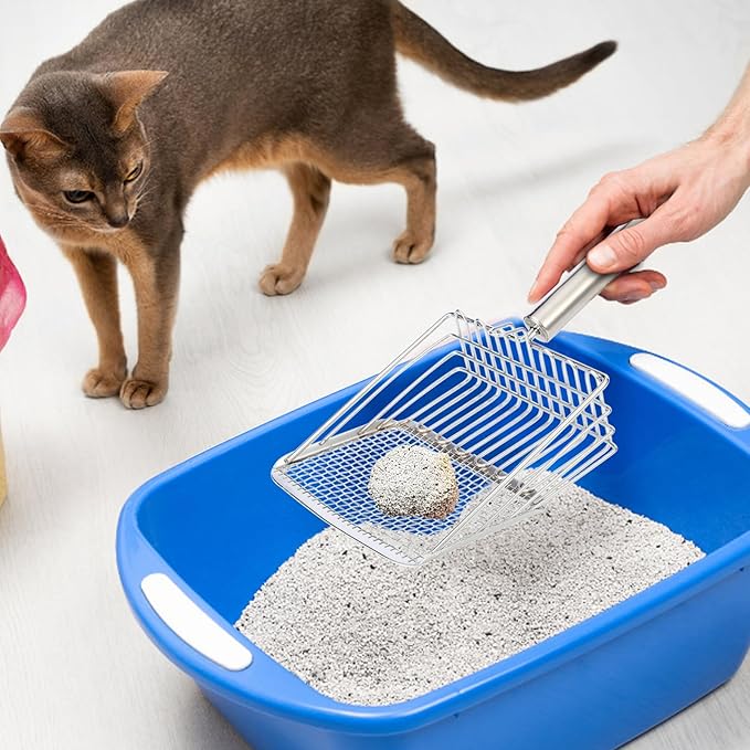 Cat Litter Scoop, Metal Scooper, Deep Shovel, Ergonomic Handle, Kitten Poop Sifting, Durable, Heavy Duty Speed Sifter, for Litter Box （Silvery-Gray）