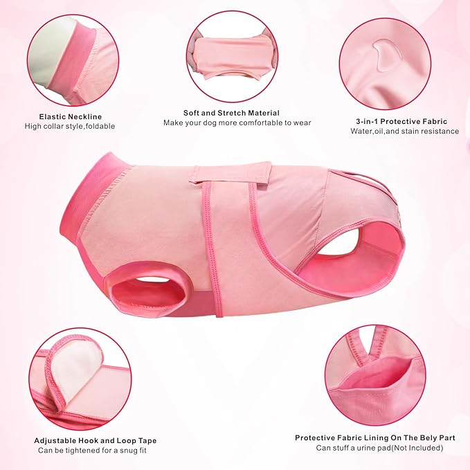 Idepet Dog Recovery Suit Female,Dogs Onesie Suit Surgery Male Breathable Pet Bodysuit for Spay Neuter E-Collar & Cone Alternative Surgical Suit Puppy Abdominal Anti Licking Wounds Shirt (Pink, M)