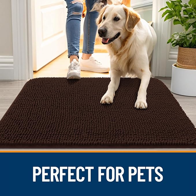 OLANLY Dog Door Mat for Muddy Paws 45x27, Absorbs Moisture and Dirt, Absorbent Non-Slip Washable Doormat, Quick Dry Chenille Mud Mat for Dogs, Entry Indoor Entryway Carpet for Inside Floor, Brown