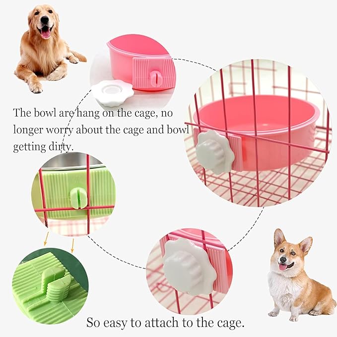 kathson Crate Dog Bowl, Removable Stainless Steel Hanging Pet Kennel Cage Bowl Food & Water Feeder Coop Cup for Puppy, Cat, Rabbit,Guinea Pigs 2pcs (Blue,Green)