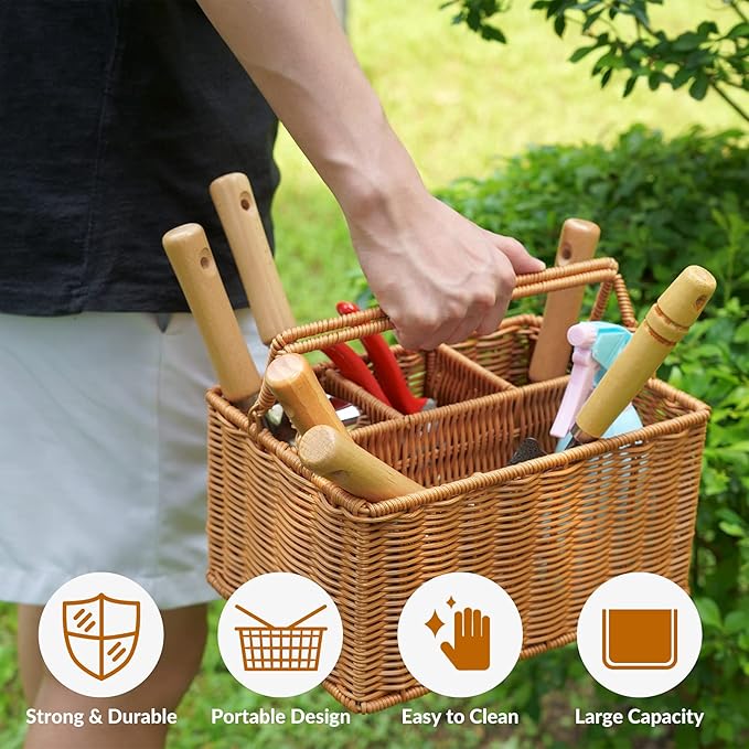 SOLIGT Garden Tools Set with Basket, Heavy Duty Stainless Steel Gardening Hand Tool with Wood Handle, Pruning Shears, Gloves - Perfect Gardening Gifts Planting Supplies for Women Men
