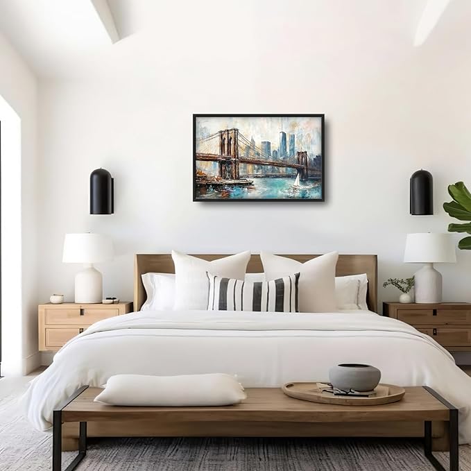 Extra Large Framed Brooklyn Bridge Wall Art,New York City Wall Decor,Abstract Skyline Cityscape Pictures for Living Room,Canvas Print Painting Modern Artwork Bedroom Office Bathroom 36L x24W