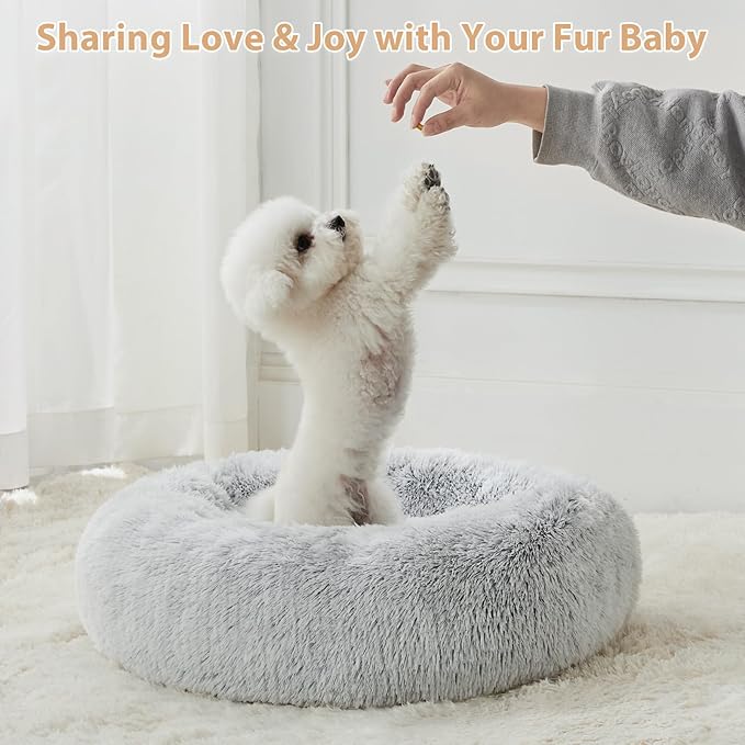 WNPETHOME Calming Dog Bed Cat Bed Donut, Faux Fur Pet Bed Self-Warming Donut Cuddler, Comfortable Round Plush Dog Beds(20 x 20 x 8 Inch, Light Grey)