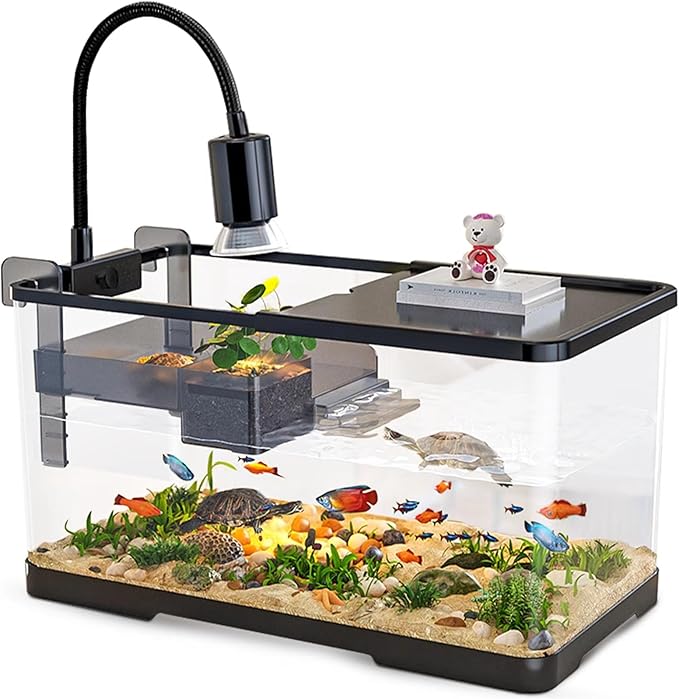 (Tank + Light + Filter Balls) Turtle Tank Kit, Turtle Tank Starter Kit,Bottom Drainage, Multi-Function Areas for Turtles, Crabs,Fishes, Amphibians,Reptiles. (11.81 × 7.88 × 7.88 Inch)