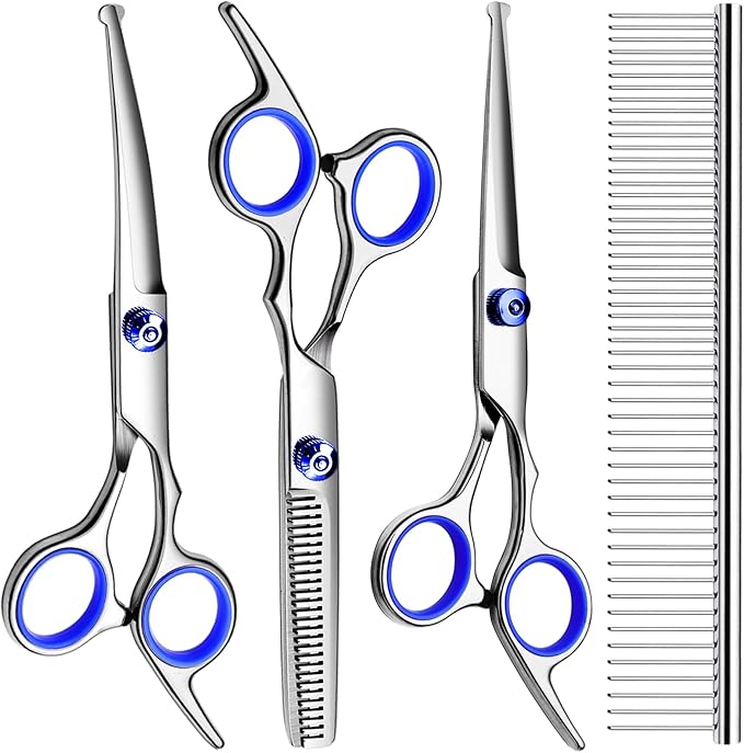 Professional Dog Grooming Scissors Kit, Titanium Coated Dog Scissors for Grooming, Grooming Shears Kit - Straight,Thinning, Curved Scissors and Comb for Dog Cat Pet (Blue 5 in 1)