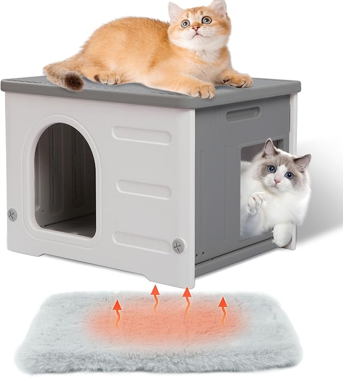 Rockever Plastic Cat House Outdoor with Escape Door, Waterproof Feral Cat House Outdoor Indoor, Sturdy Cat House for Outdoor Cats with Cat Bed Mat, Assemble Easily-Grey