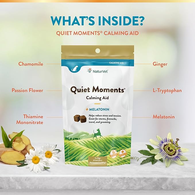 NaturVet Quiet Moments Calming Dog Supplement, Dog Soft Chews with Melatonin to Help Reduce Stress from Storms, The Vet, Fireworks, and Travel, Bacon and Chicken Flavored Pet Supplement, 65 Count