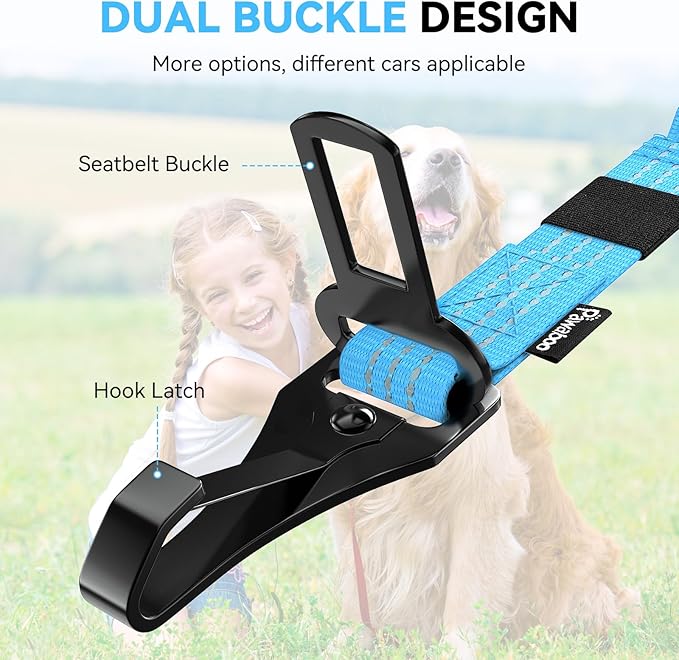 Pawaboo Dog Seatbelt for Car, 3-in-1 Dog Seat Belt Bungee, Shockproof Dogs Tether for Car with Buckle & Hook Latch, Adjustable Reflective Dogs Cars Harness Leash with 360° Lockable Buckle, Blue